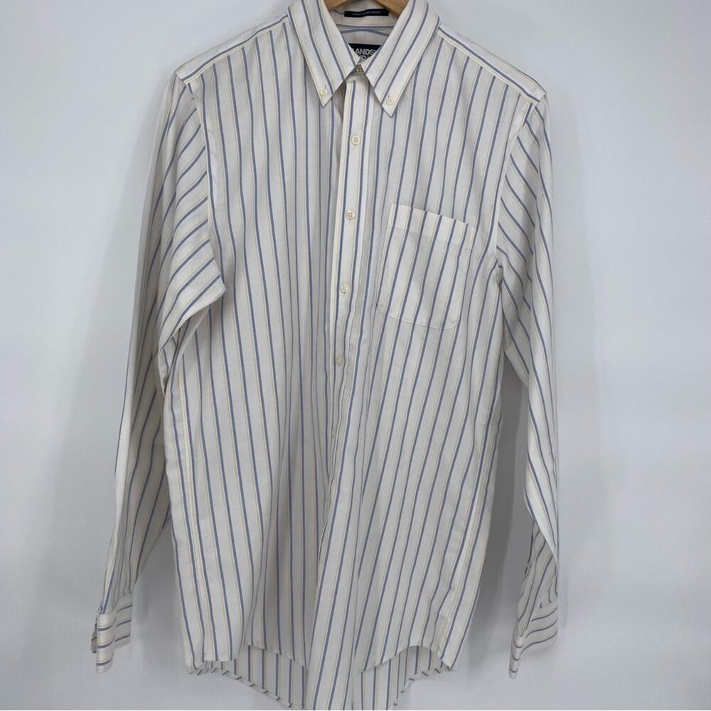Lands’ End men supima cotton traditional fit blue & yellow stripe dressy office